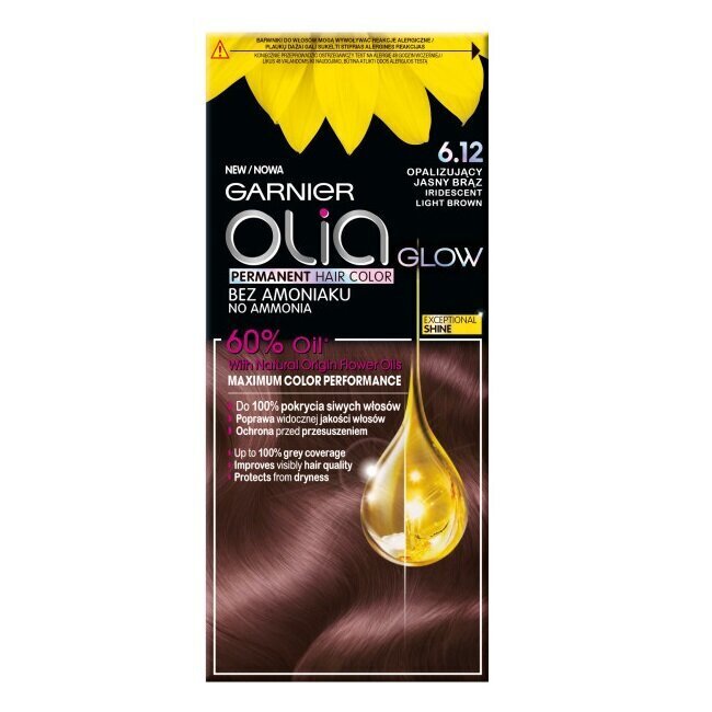 Aliejaus pagrindo ilgalaikiai plaukų dažai be amoniako Garnier Olia, 6.12 Light Brown kaina ir informacija | Plaukų dažai | pigu.lt