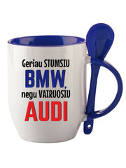 Puodelis su šaukšteliu „Geriau stumsiu BMW, negu vairuosiu AUDI“ kaina ir informacija | Originalūs puodeliai | pigu.lt