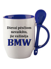 Puodelis su šaukšteliu „Dievai pėščiom nevaikšto BMW“ kaina ir informacija | Originalūs puodeliai | pigu.lt