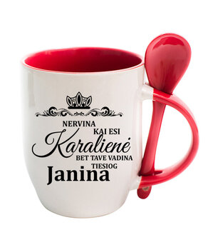 Puodelis su šaukšteliu „Nervina kai esi karalienė, bet visi vadina tiesiog Janina“ kaina ir informacija | Originalūs puodeliai | pigu.lt