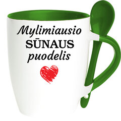 Puodelis su šaukšteliu „Mylimiausio sūnaus puodelis“ kaina ir informacija | Originalūs puodeliai | pigu.lt