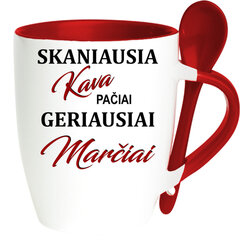 Puodelis su šaukšteliu „Skaniausia kava pačiai geriausiai Marčiai“ kaina ir informacija | Originalūs puodeliai | pigu.lt