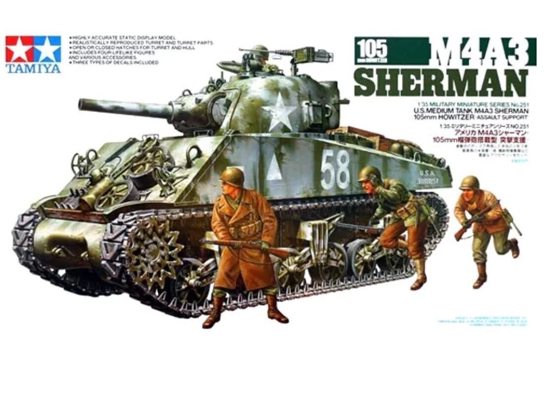 Plastikinis surenkamas modelis Tamiya U.S. Medium Tank M4A3 Sherman 105mm Howitzer Assault Support, 1/35, 35251 kaina ir informacija | Konstruktoriai ir kaladėlės | pigu.lt