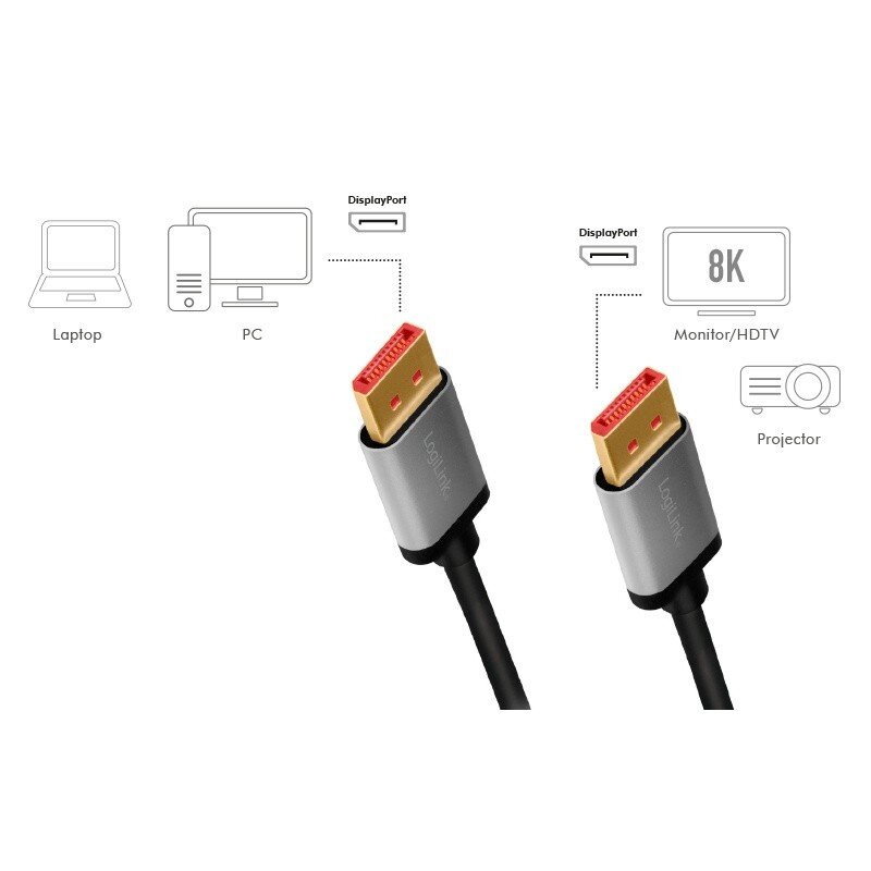 LogiLink DisplayPort kabelis 8K / 60 Hz, DP / M iki DP / M, alu. 1m цена и информация | Kabeliai ir laidai | pigu.lt