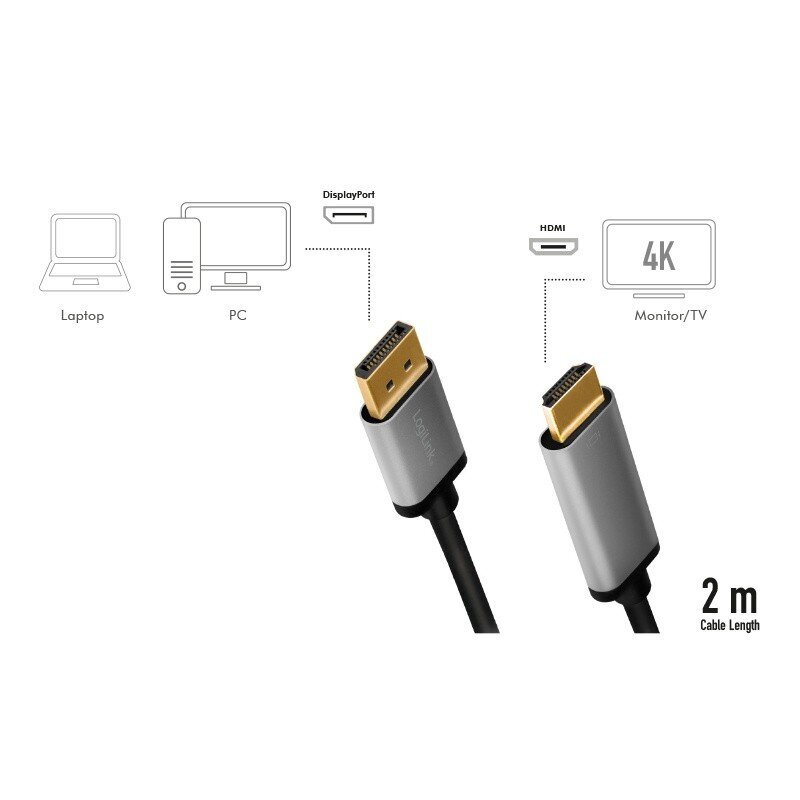 LogiLink Ekrano prievadas į HDMI 2m. kaina ir informacija | Kabeliai ir laidai | pigu.lt