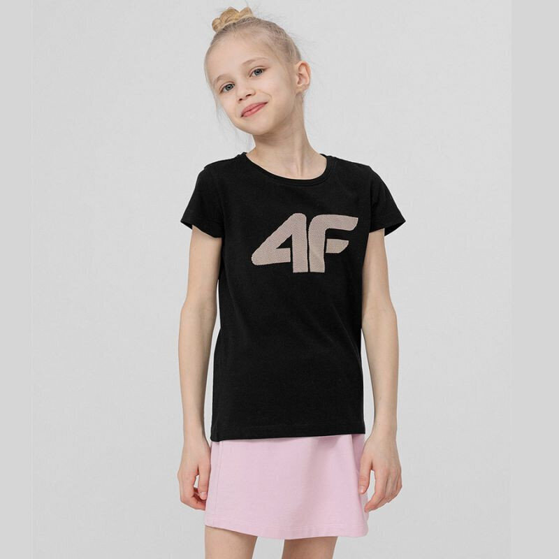 Marškinėliai mergaitėms 4F Jr HJL22-JTSD005 20S, juodi kaina ir informacija | Marškinėliai mergaitėms | pigu.lt
