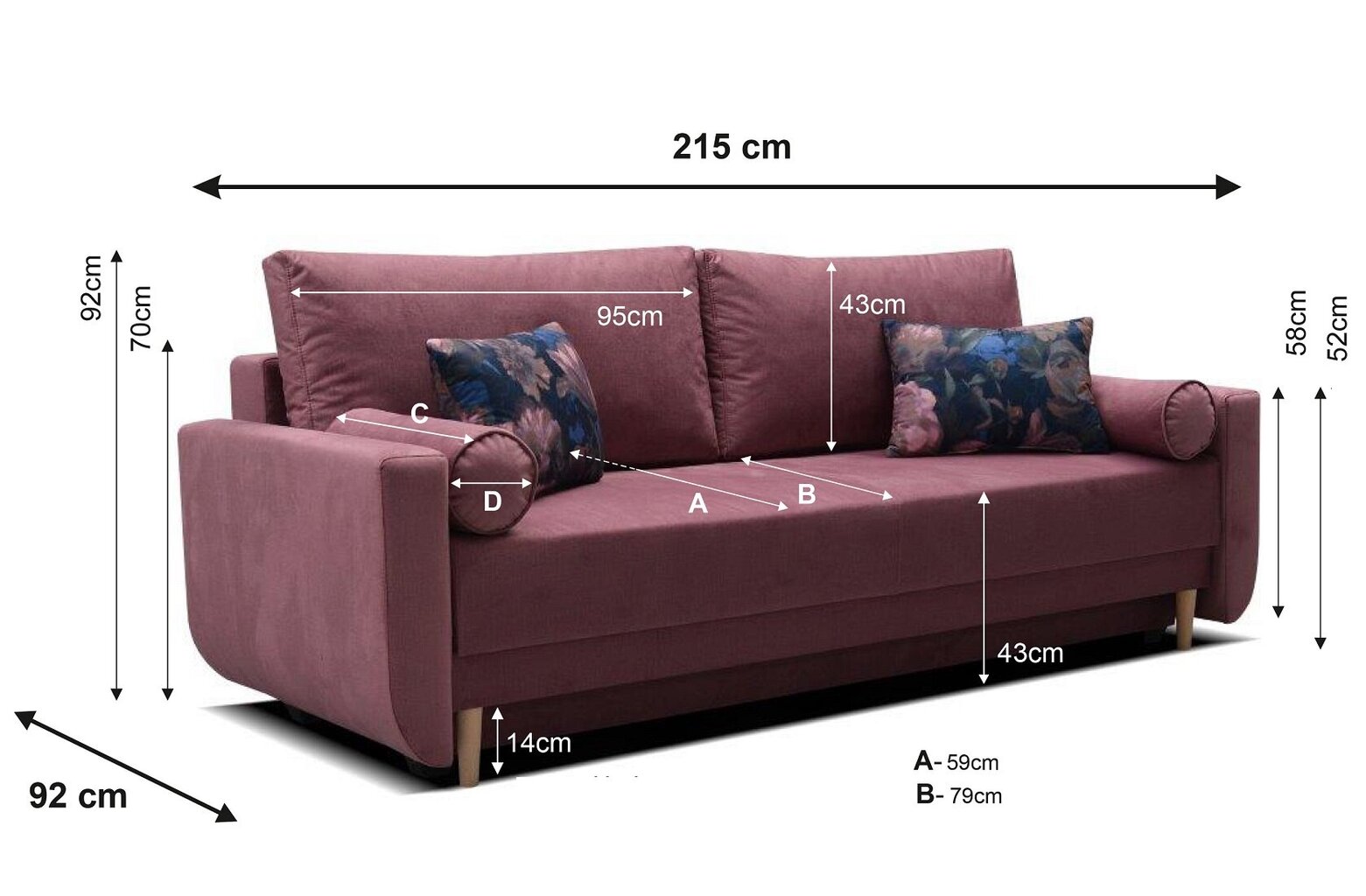 Trivietė sofa - lova PARMA DL, šviesiai rožinė kaina ir informacija | Sofos | pigu.lt