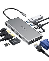 HUB CB-C78 aluminum USB-C | 12w1 | RJ45 Ethernet 10/100/1000Mbps | 2xUSB 3.1 | 2xUSB 2.0 | 2xHDMI 4k@30Hz | VGA | SD i microSD | USB-C | USB-C kaina ir informacija | Adapteriai, USB šakotuvai | pigu.lt