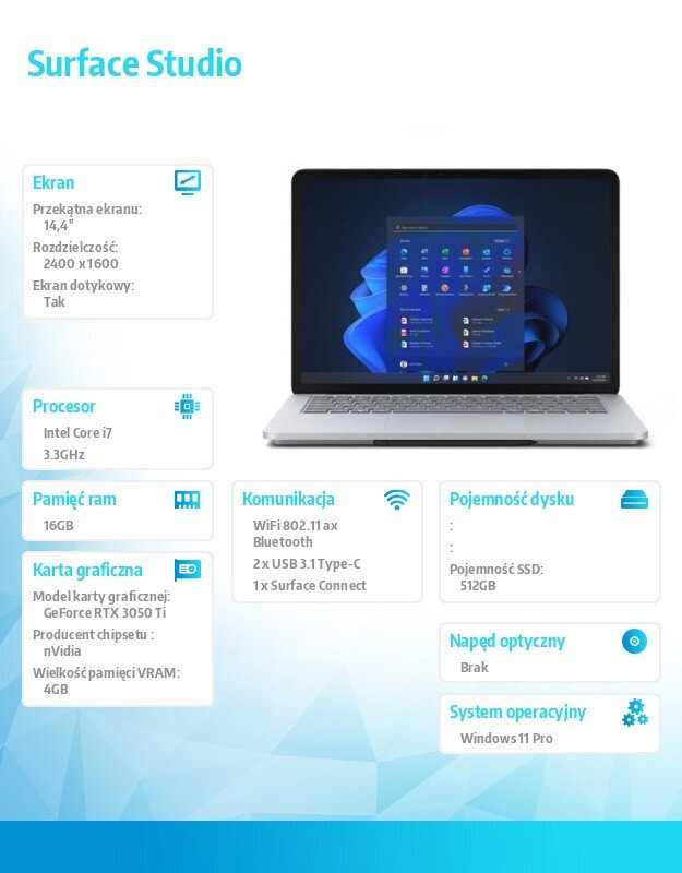 Surface Studio Win11Pro i7-11370H 16GB 512GB RTX3050Ti 4GB 14.4'' kaina ir informacija | Nešiojami kompiuteriai | pigu.lt