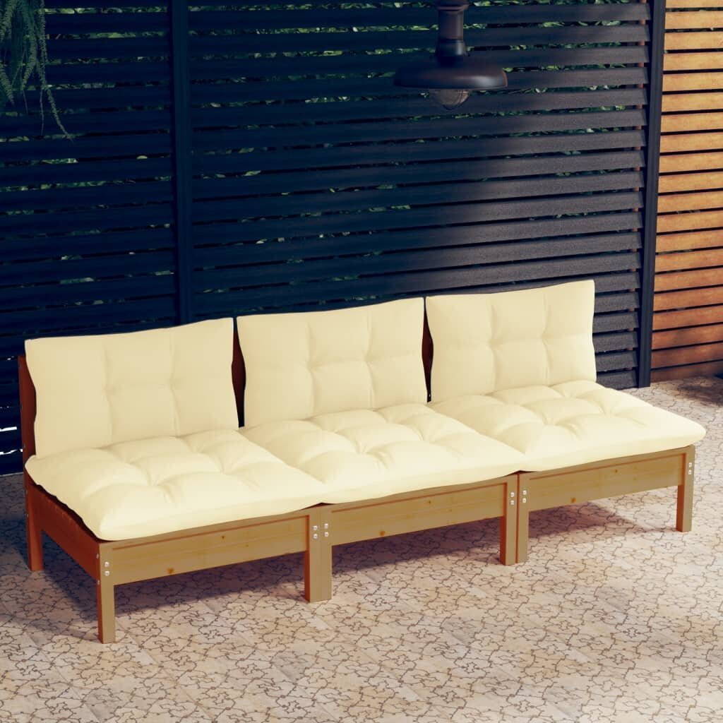 Trivietė sodo sofa su kreminėmis pagalvėlėmis, ruda kaina ir informacija | Lauko kėdės, foteliai, pufai | pigu.lt
