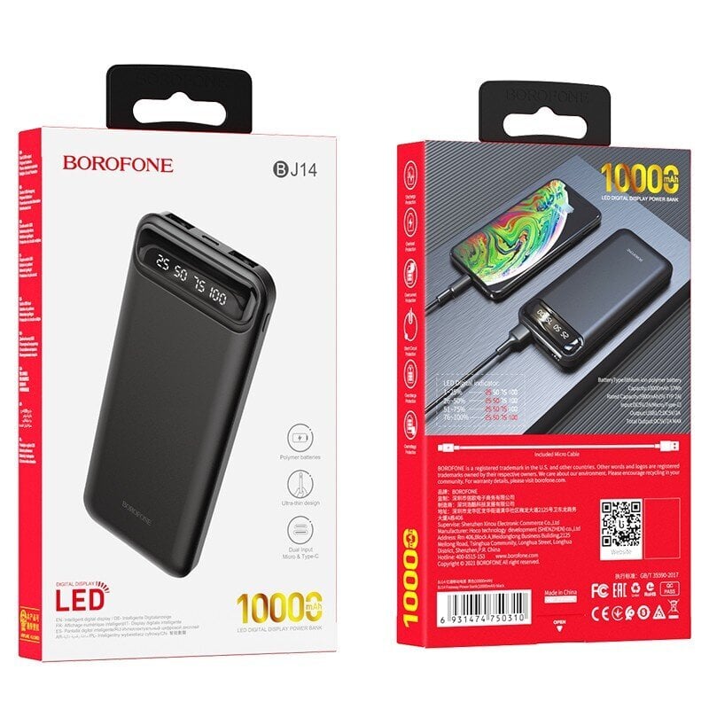 Išorinė baterija Power Bank Borofone BJ14 Type-C microUSB 2*USB (2A) 10000mAh juoda kaina ir informacija | Atsarginiai maitinimo šaltiniai (power bank) | pigu.lt