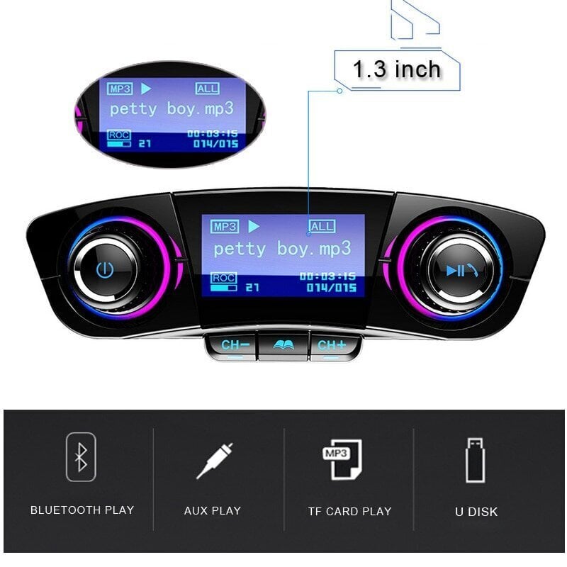 Bluetooth automobilinis siųstuvas - FM moduliatorius, telefono pakrovėjas, MP3 grotuvas kaina ir informacija | FM moduliatoriai | pigu.lt