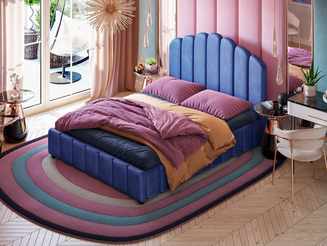 Veliūrinė lova TULPĖ 140x200 Mėlyna kaina ir informacija | Lovos | pigu.lt