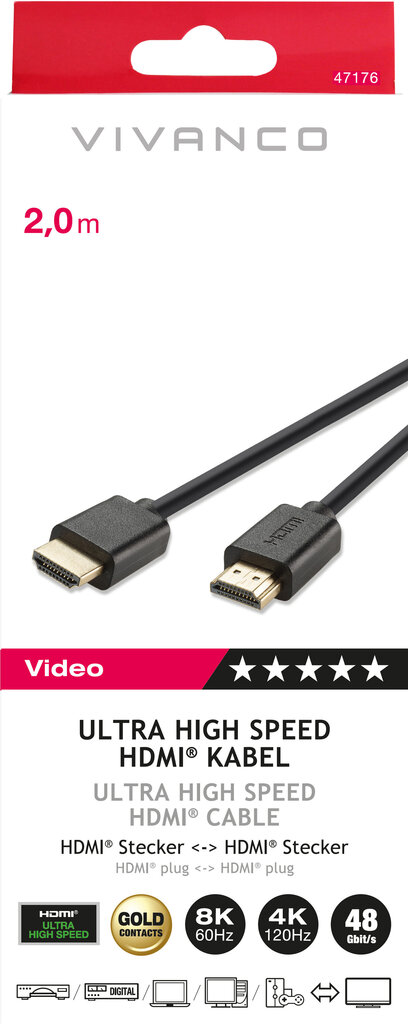 Vivanco, HDMI – HDMI 2.1, 2 m kaina ir informacija | Kabeliai ir laidai | pigu.lt