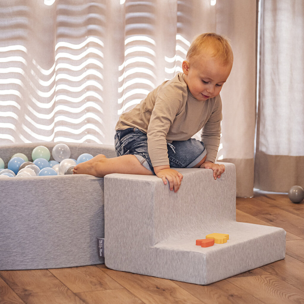 Kiddymoon Foam Vaikiška Žaidimų Aikštelė Su Apvaliu Baseinu Kamuoliukams (200 Kamuoliukų), Laiptai, Šviesiai pilka:Pudra Rožinė/Perlų spalva/Skaidri kaina ir informacija | Žaislai kūdikiams | pigu.lt