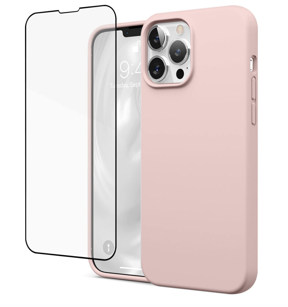 Protection set -silikoninis dėklas skirtas Apple iPhone 13 Pro Soundberry (real liquide silicone), rožinė-Mistyrose + grūdinto stiklo ekrano apsauga Superior 5D kaina ir informacija | Telefono dėklai | pigu.lt