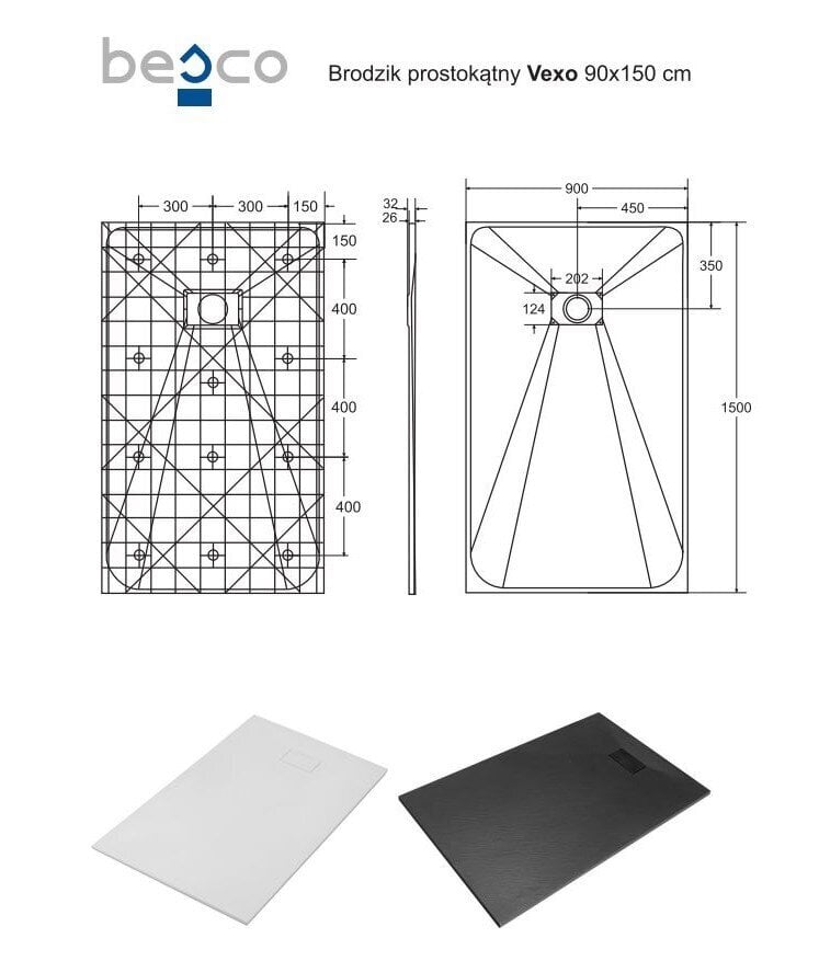 Dušo padėklas Besco Vexo, 90x120,130,140,150,160,170,180 cm kaina ir informacija | Dušo padėklai | pigu.lt