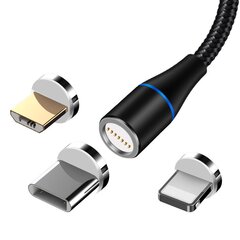 Maxlife MXUC-03 magnetic cable USB - Lightning + USB-C + microUSB 1,0 m 3A black nylon цена и информация | Кабели для телефонов | pigu.lt