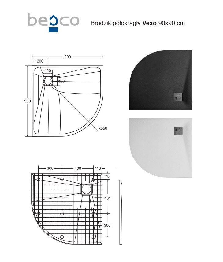 Pusapvalis dušo padėklas Besco Vexo, 90x90 cm kaina ir informacija | Dušo padėklai | pigu.lt