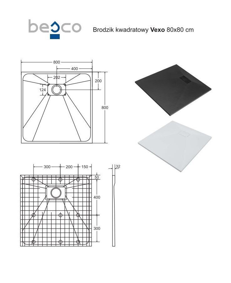 Kvadratinis dušo padėklas Besco Vexo Black, 80x80, 90x90 cm kaina ir informacija | Dušo padėklai | pigu.lt