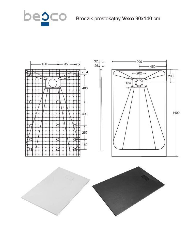 Dušo padėklas Besco Vexo Black, 90x120,130,140,150,160,170,180 cm kaina ir informacija | Dušo padėklai | pigu.lt