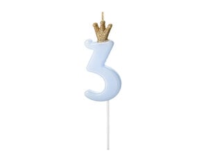 Свеча ко дню рождения, № 3, голубая с короной, 9,5см цена и информация | Праздничные декорации | pigu.lt