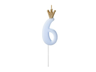 Свеча ко дню рождения, № 6, голубая с короной, 9,5см цена и информация | Праздничные декорации | pigu.lt