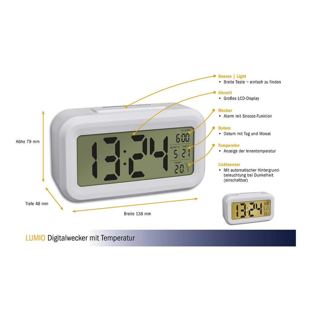 Skaitmeninis žadintuvas su termometru LUMIO TFA 0.2018.02 kaina ir informacija | Meteorologinės stotelės, termometrai | pigu.lt