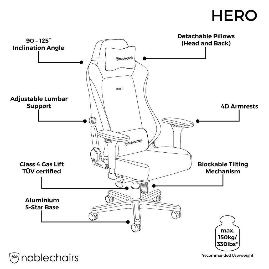 Darbo kėdė Noblechairs Hero, juoda цена и информация | Biuro kėdės | pigu.lt