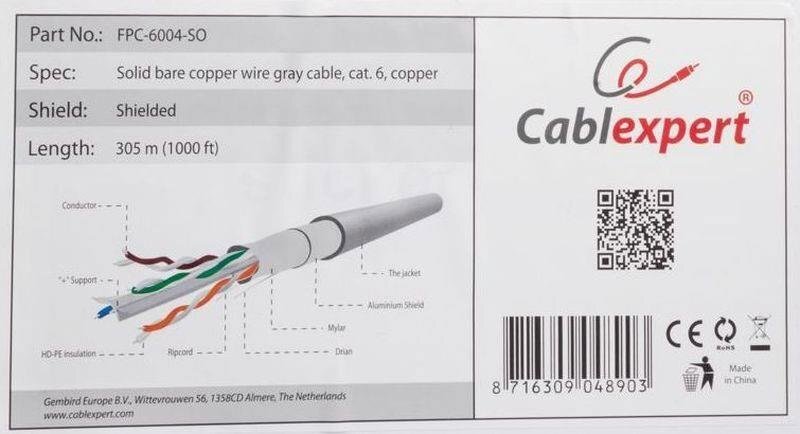 Gembird FTP instaliacinis kabelis CAT6, 305 m цена и информация | Kabeliai ir laidai | pigu.lt