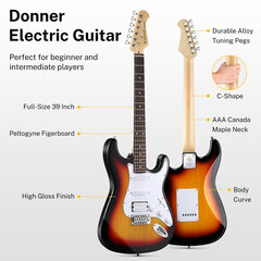Donner DST-100 39 colių viso dydžio ST elektrinė gitara su stiprintuvu / krepšiu / skaitmeniniu imtuvu / dangteliu / dirželiu / styga / laidu / kištukais kaina ir informacija | Gitaros | pigu.lt