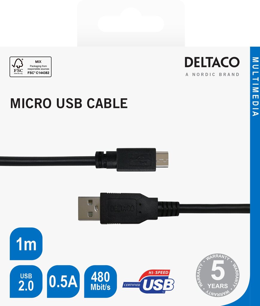 Deltaco USB-301S-K 00140008 kaina ir informacija | Laidai telefonams | pigu.lt