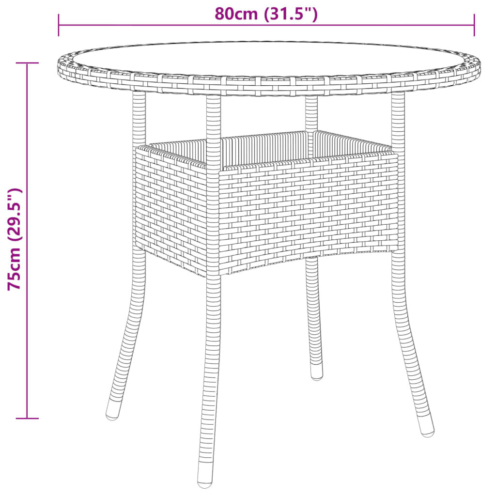 Sodo stalas, pilkas, 80x75cm, grūdintas stiklas/poliratanas kaina ir informacija | Lauko stalai, staliukai | pigu.lt