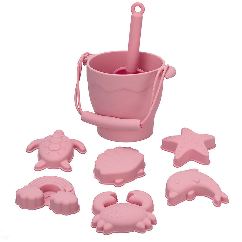Silikoniniai paplūdimio žaislai - kibirėlis, mentelė, 6 formos, rožinės  spalvos kaina | pigu.lt