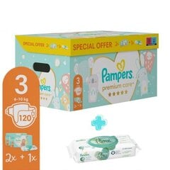 Подгузники Pampers Premium Care размер 3, 6-10 кг, 120 шт. + ПОДАРОК Aqua Pure 48 шт. детские салфетки цена и информация | Подгузники | pigu.lt