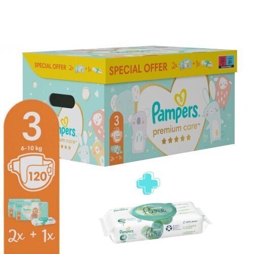 Sauskelnės Pampers Premium Care 3 dydis, 6–10 kg, 120 Vnt. + DOVANA Aqua Pure 48 vnt. servetėlės kūdikiams kaina ir informacija | Sauskelnės | pigu.lt