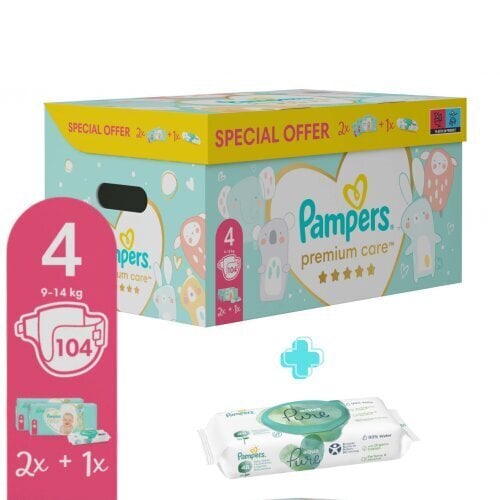 Sauskelnės Pampers Premium Care 4 dydis, 9–14 kg, 104 Vnt. + DOVANA Aqua  Pure 48 vnt. servetėlės kūdikiams kaina | pigu.lt