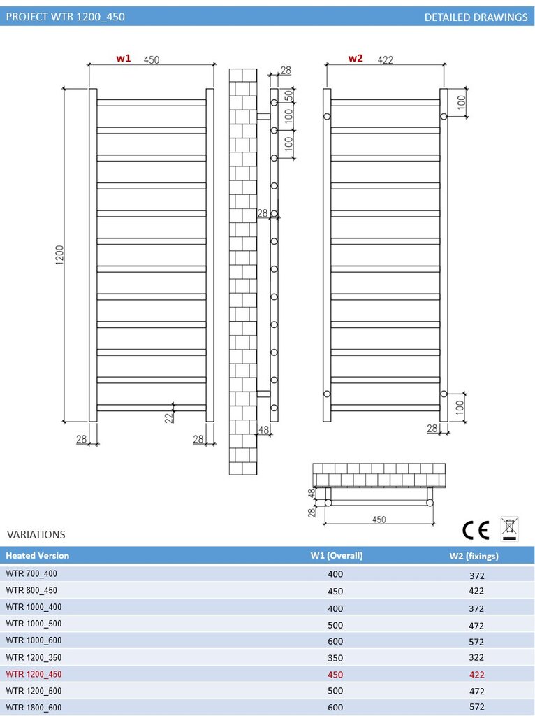 Rankšluosčių džiovintuvas Project WTR 1200x450, Baltas kaina ir informacija | Gyvatukai, vonios radiatoriai | pigu.lt