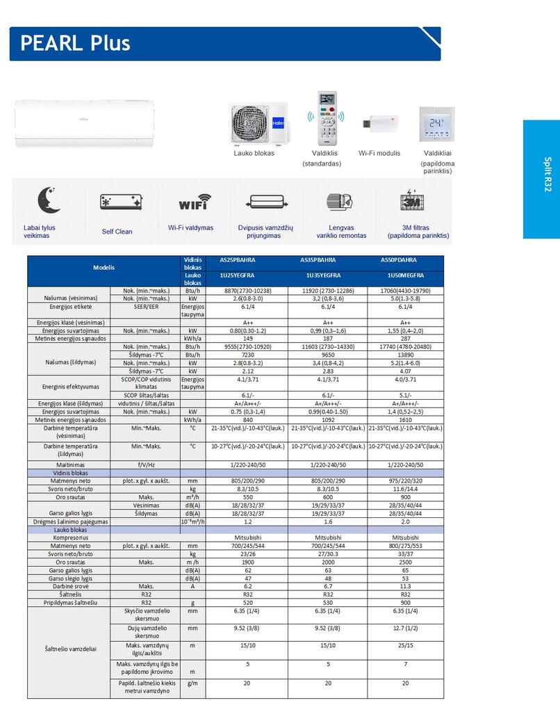 Haier PEARL Plus 3,2kW (matinis) oro kondicionierius / šilumos siurblys oras-oras AS35PBAHRA/1U35YEGFRA kaina ir informacija | Kondicionieriai, šilumos siurbliai, rekuperatoriai | pigu.lt