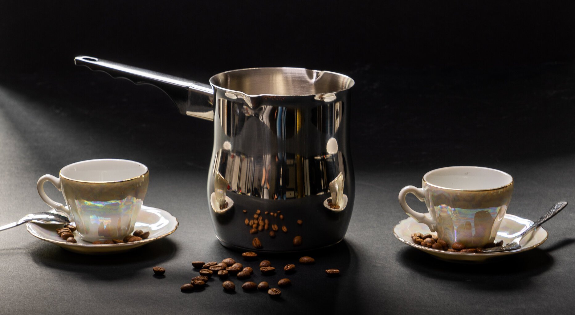 Nerūdijančio plieno kavinukas, 1 litr, cezva, ibrik, turkiškos kavos puodelis indukcinei kaitlentei su dviem snapeliais kaina ir informacija | Kavinukai, virduliai | pigu.lt
