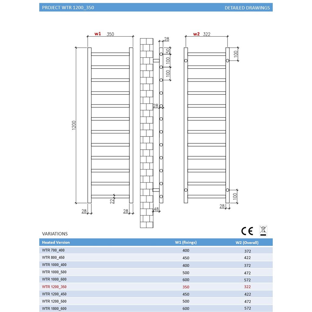 Rankšluosčių džiovintuvas Project WTR 1200x350, Chromuotas kaina ir informacija | Gyvatukai, vonios radiatoriai | pigu.lt