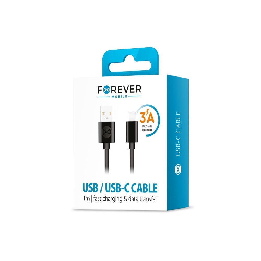 Forever cable USB - USB-C 1,0 m 3A, juodas kaina ir informacija | Laidai telefonams | pigu.lt