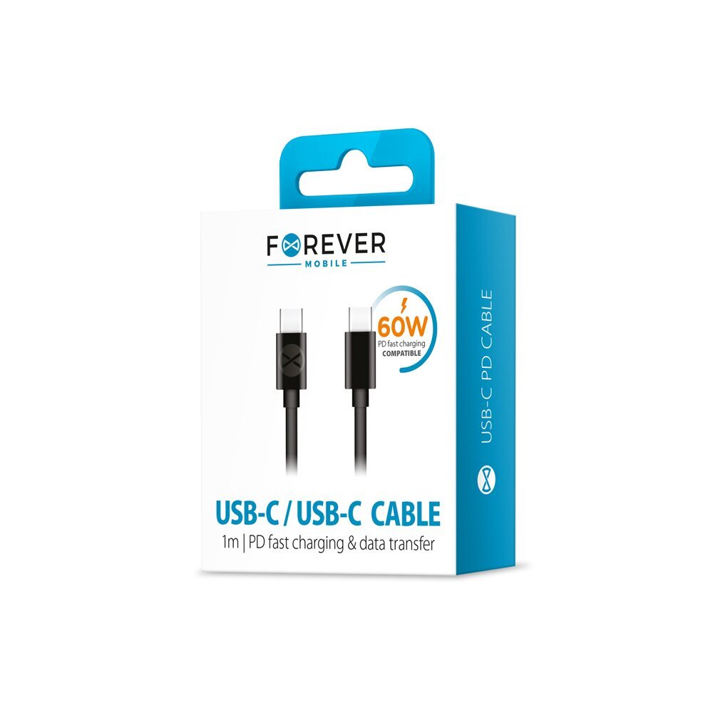 Forever cable USB-C - USB-C 1,0 m 3A, juodas kaina ir informacija | Laidai telefonams | pigu.lt