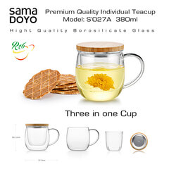 SAMADOYO Premium arbatos puodelis su stikliniu filtru 3in1, S027A, Premium Quality Teacup 3in1, 380 ml. kaina ir informacija | Taurės, puodeliai, ąsočiai | pigu.lt