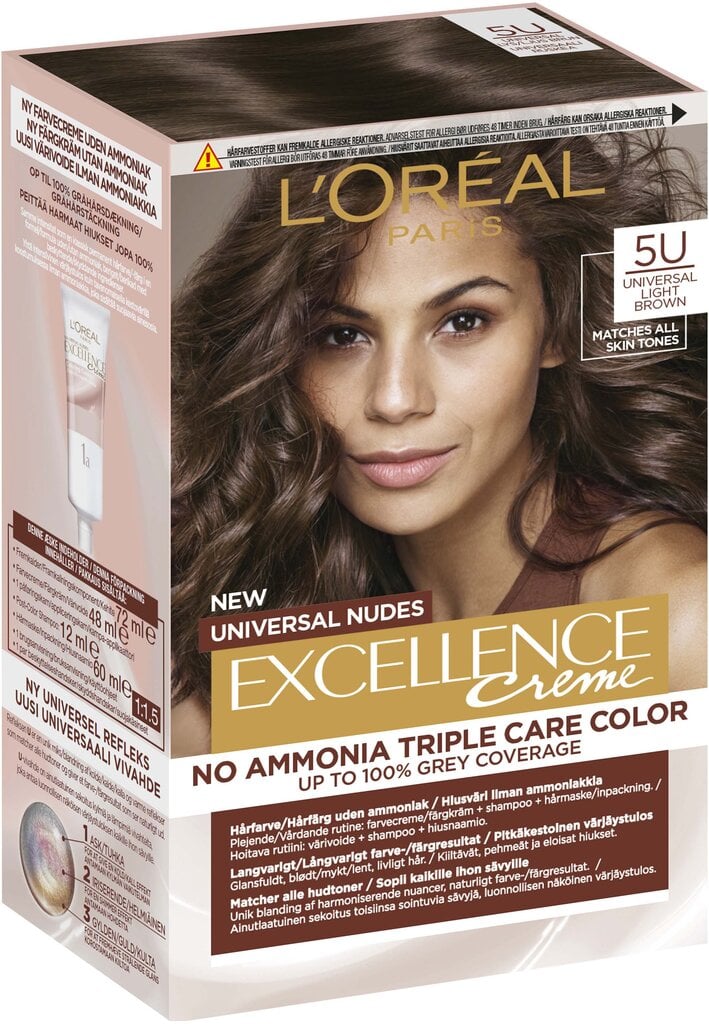 Ilgalaikiai plaukų dažai L'oreal Excellence Universal Nudes 5U Šviesiai ruda 48 ml kaina ir informacija | Plaukų dažai | pigu.lt