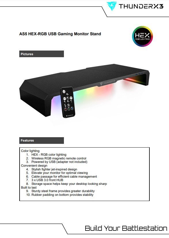 THUNDERX3 AS5 HEX Monitoriaus stovas RGB / 3xUSB 3.0 / IR Remote цена и информация | Kompiuterių aušinimo ir kiti priedai | pigu.lt