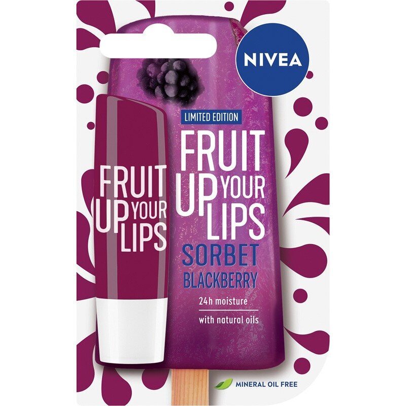 Lūpų balzamas Nivea Fruit Up Your Lips Sorbet Blackberry 5.5 ml kaina ir informacija | Lūpų dažai, blizgiai, balzamai, vazelinai | pigu.lt