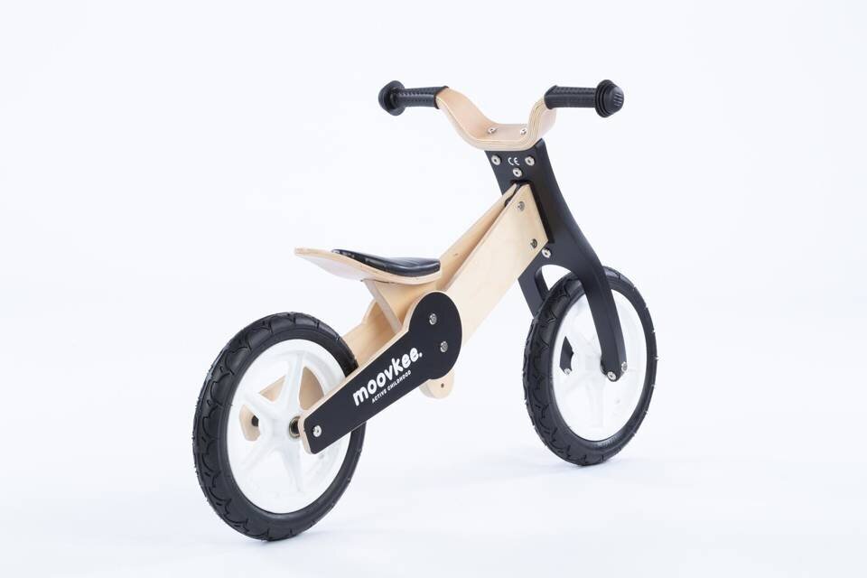 Balansinis medinis dviratis - Moovkee, juodas kaina ir informacija | Balansiniai dviratukai | pigu.lt