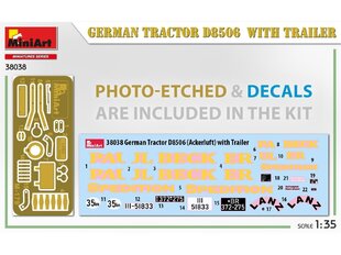 Сборная пластиковая модель Miniart - GERMAN TRACTOR D8506 WITH TRAILER, 1/35, 38038 цена и информация | Конструкторы и кубики | pigu.lt