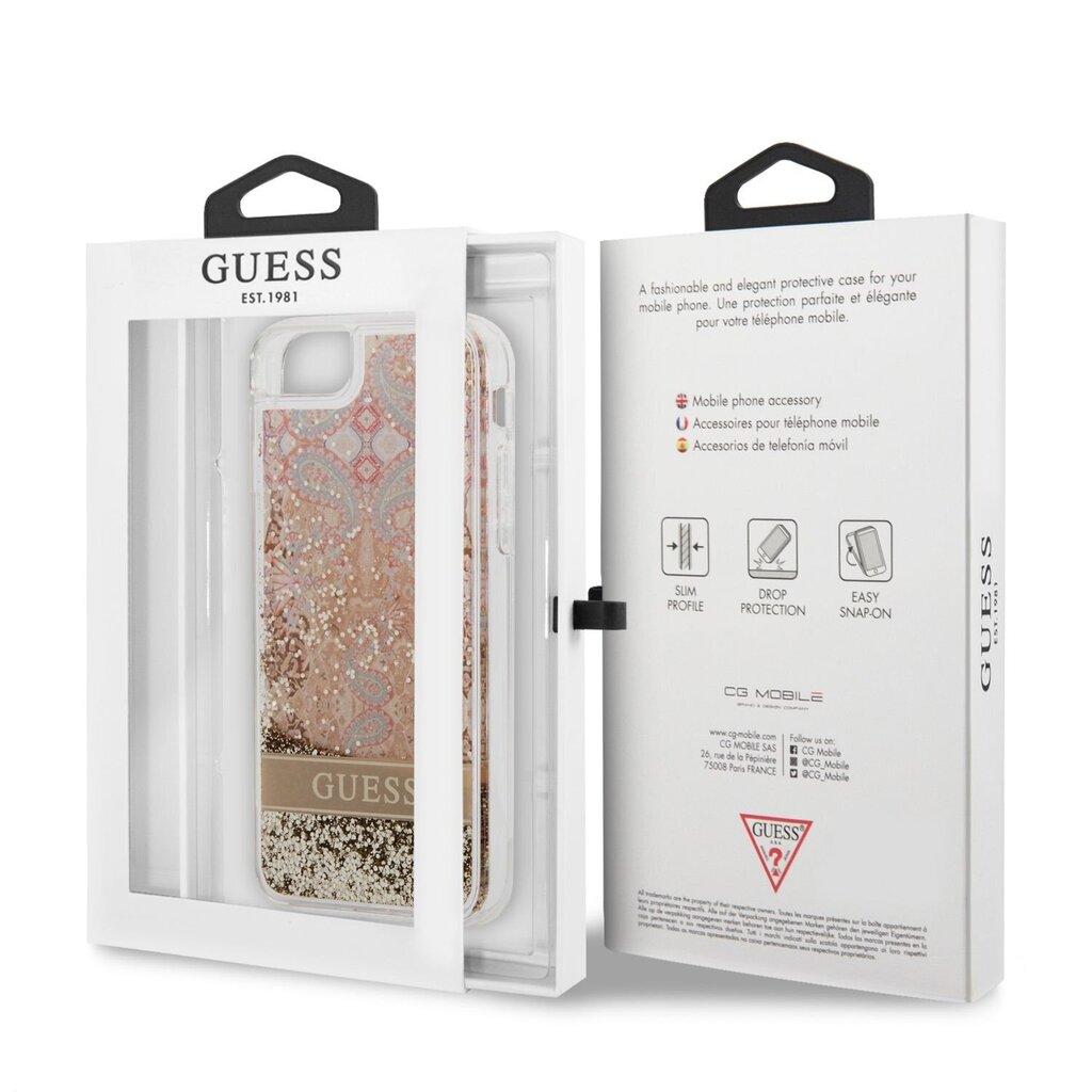 Guess Liquid Glitter Paisley dėklas, skirtas iPhone 7/8/SE2020/SE2022, auksinis kaina ir informacija | Telefono dėklai | pigu.lt